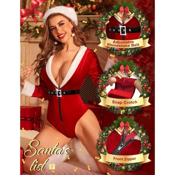 Women's Christmas Lingerie Sexy Red Santa Teddy Bodysuit One Piece with Belt - Picture 3 of 4